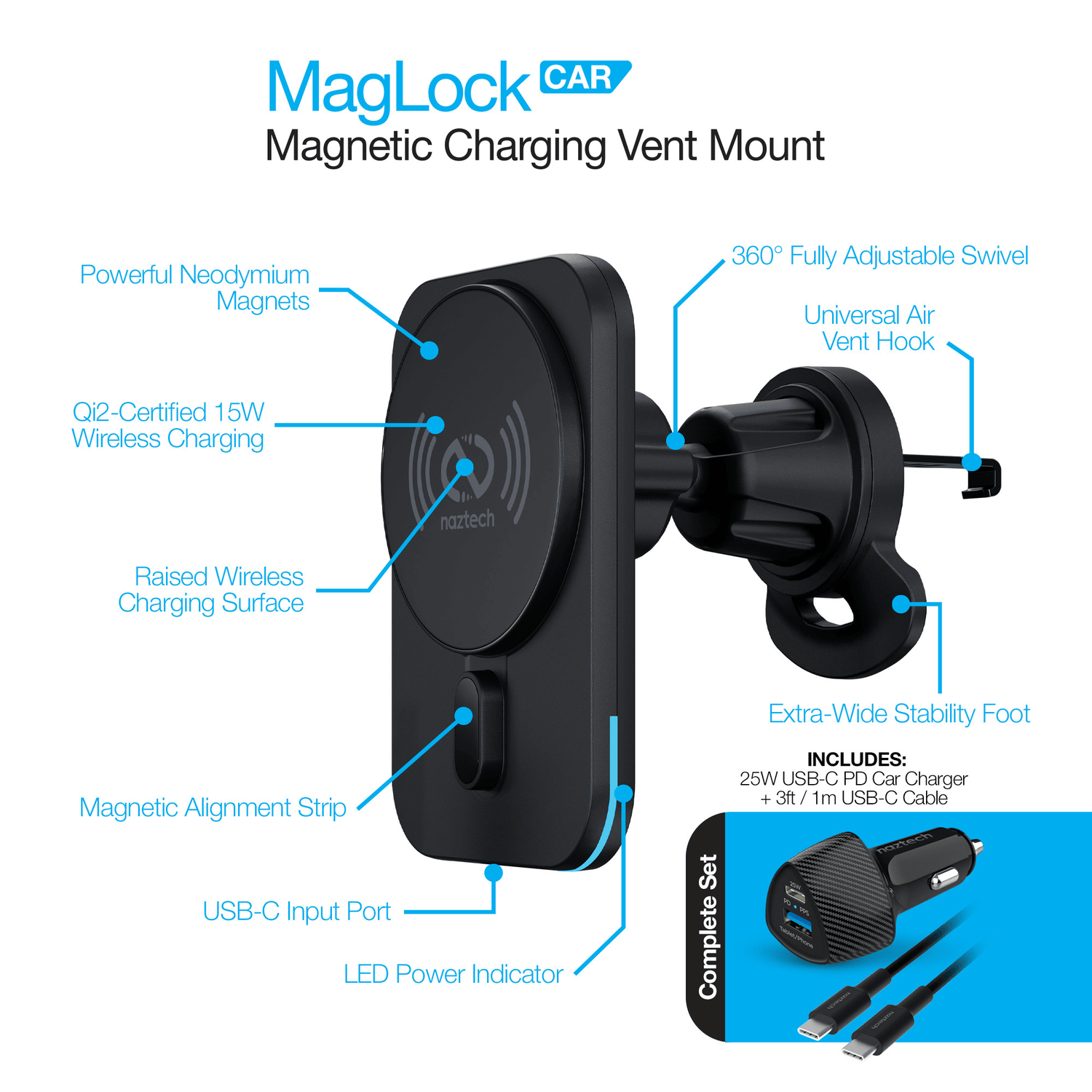 Naztech MagLock CAR 15W Magnetic Wireless Fast Charging Vent Mount with Qi2 Jupiter Gear Home