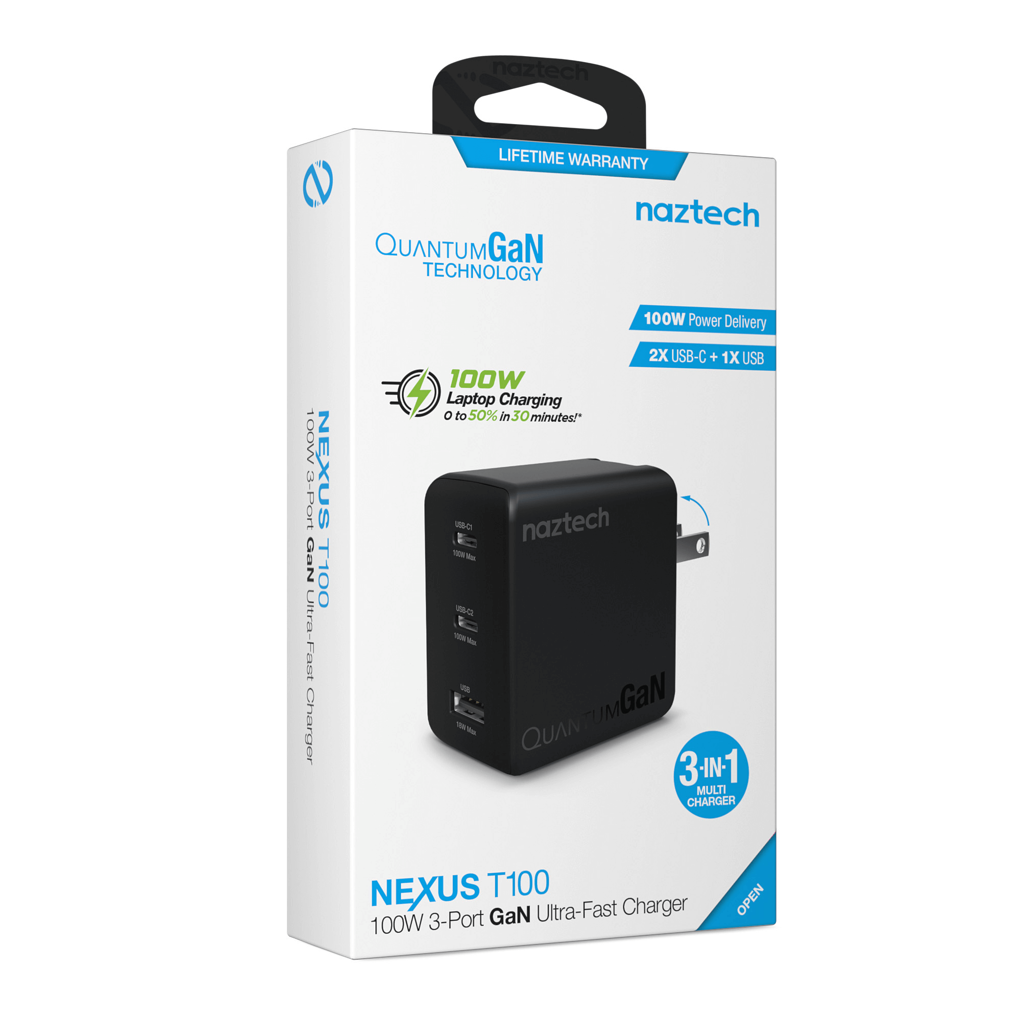 Naztech Nexus T100 100W USB-C PD + USB 3-Port GaN Ultra-Fast Wall Charger with PPS Jupiter Gear Home