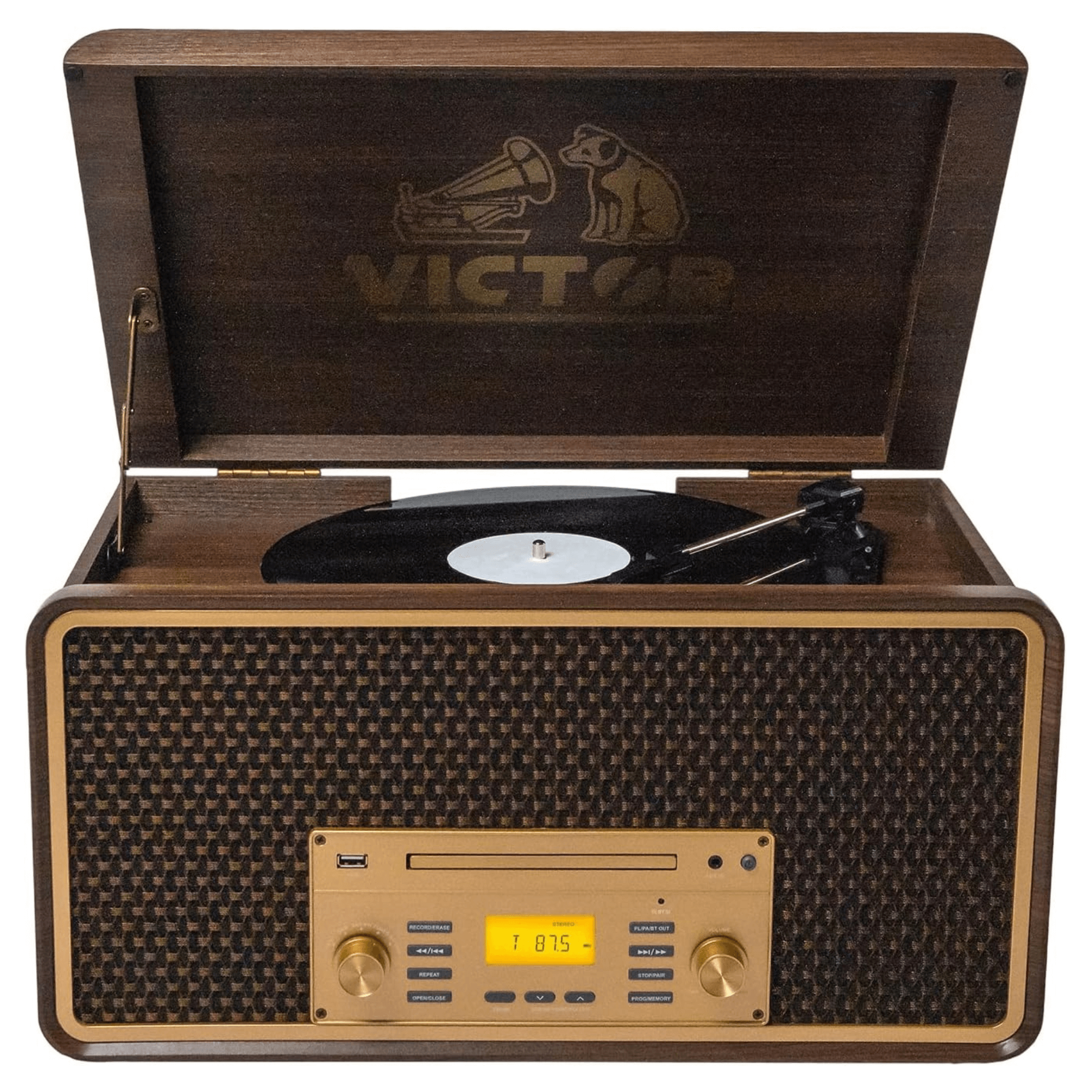 Victor Monument 8-in-1 Wood Music Center Espresso - Refurbished Jupiter Gear Home
