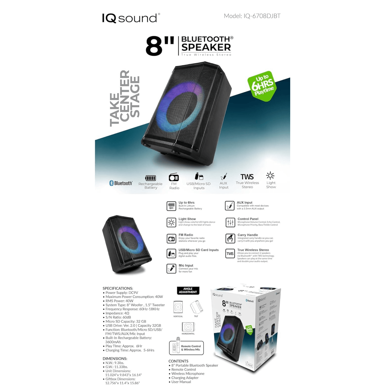 IQ Sound 8" Bluetooth Speaker Jupiter Gear Home
