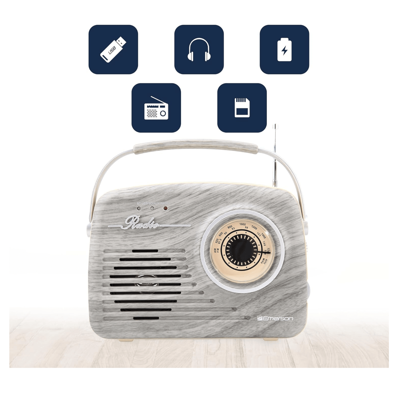 Emerson Portable Retro Radio with Built-In Rechargeable Battery and Memory Set Jupiter Gear Home