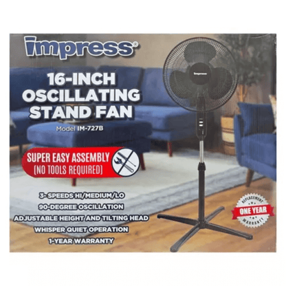 Impress Easy-Assemble 3-Speed 16-Inch Stand Oscillating Pedestal Floor Fan Jupiter Gear Home
