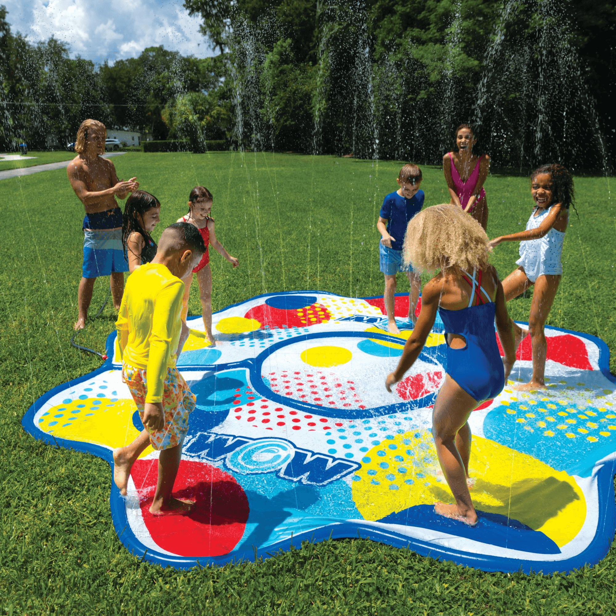 WOW Watersports 12ft Dots Spray Pad with Inflatable Edge Rim to Retain Water Jupiter Gear Home