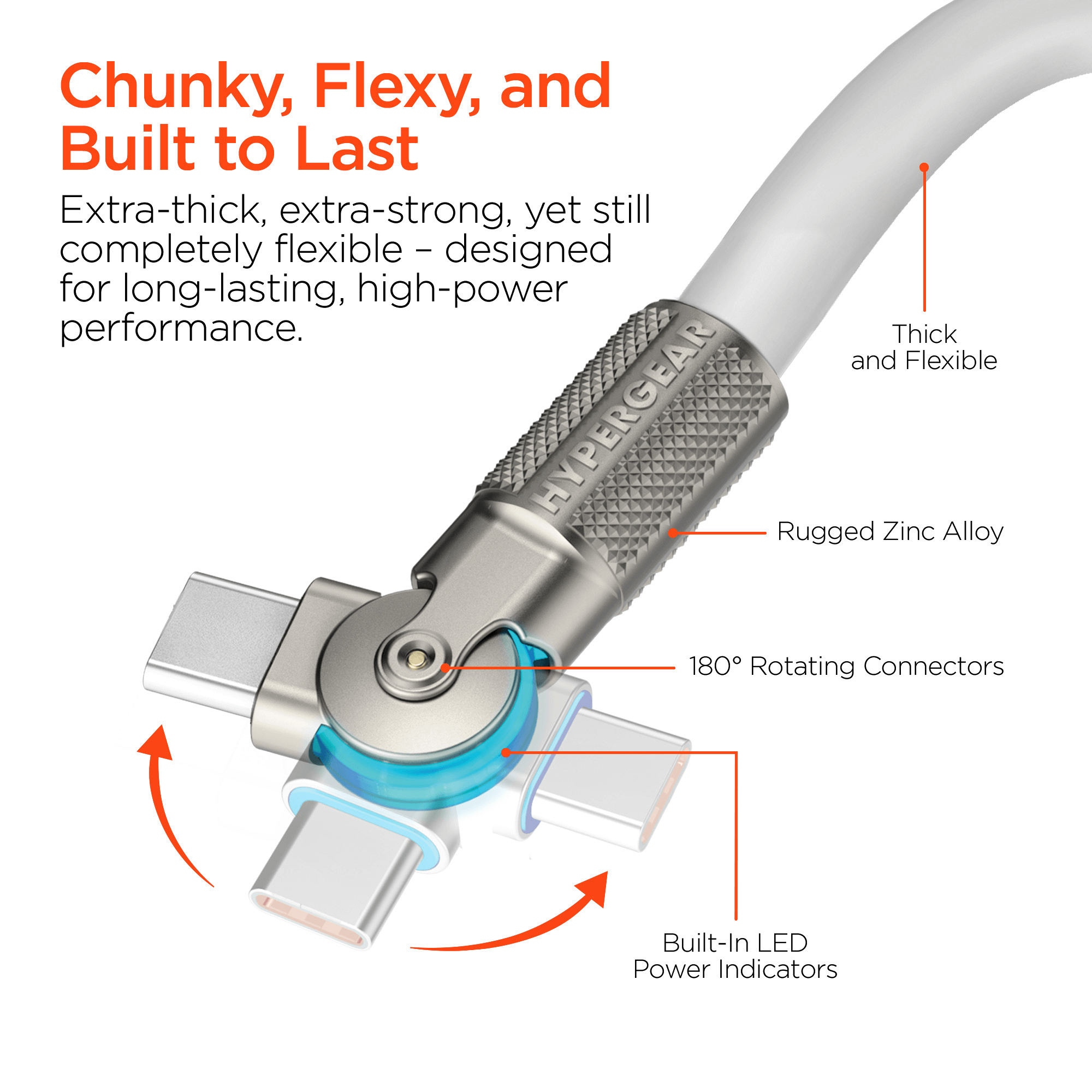 HyperGear Chunky180° 100W USB-C to USB-C Rugged Fast Charge Cable 12ft Jupiter Gear Home