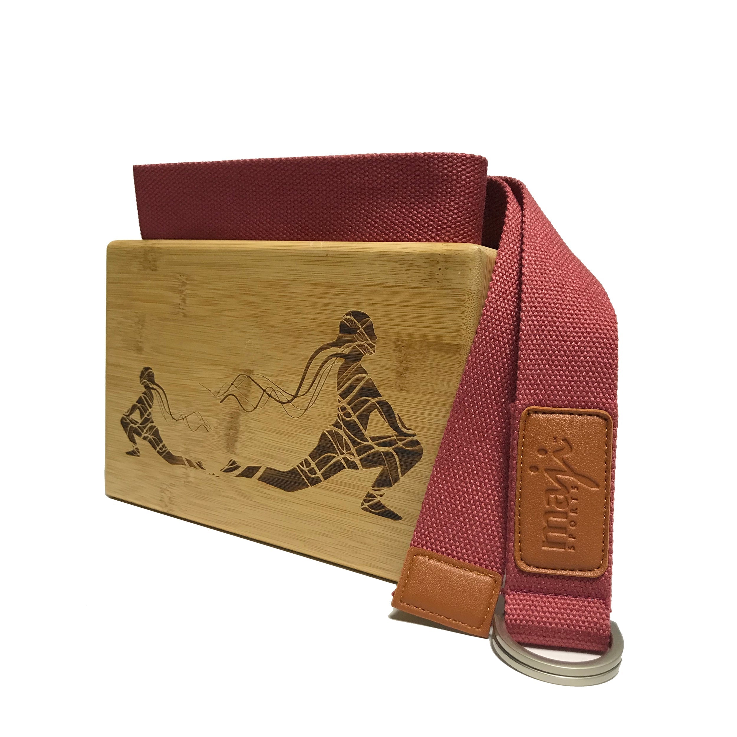 Maji Sports Laser Engraved Bamboo Yoga Block &amp; Strap Combo Jupiter Gear Home