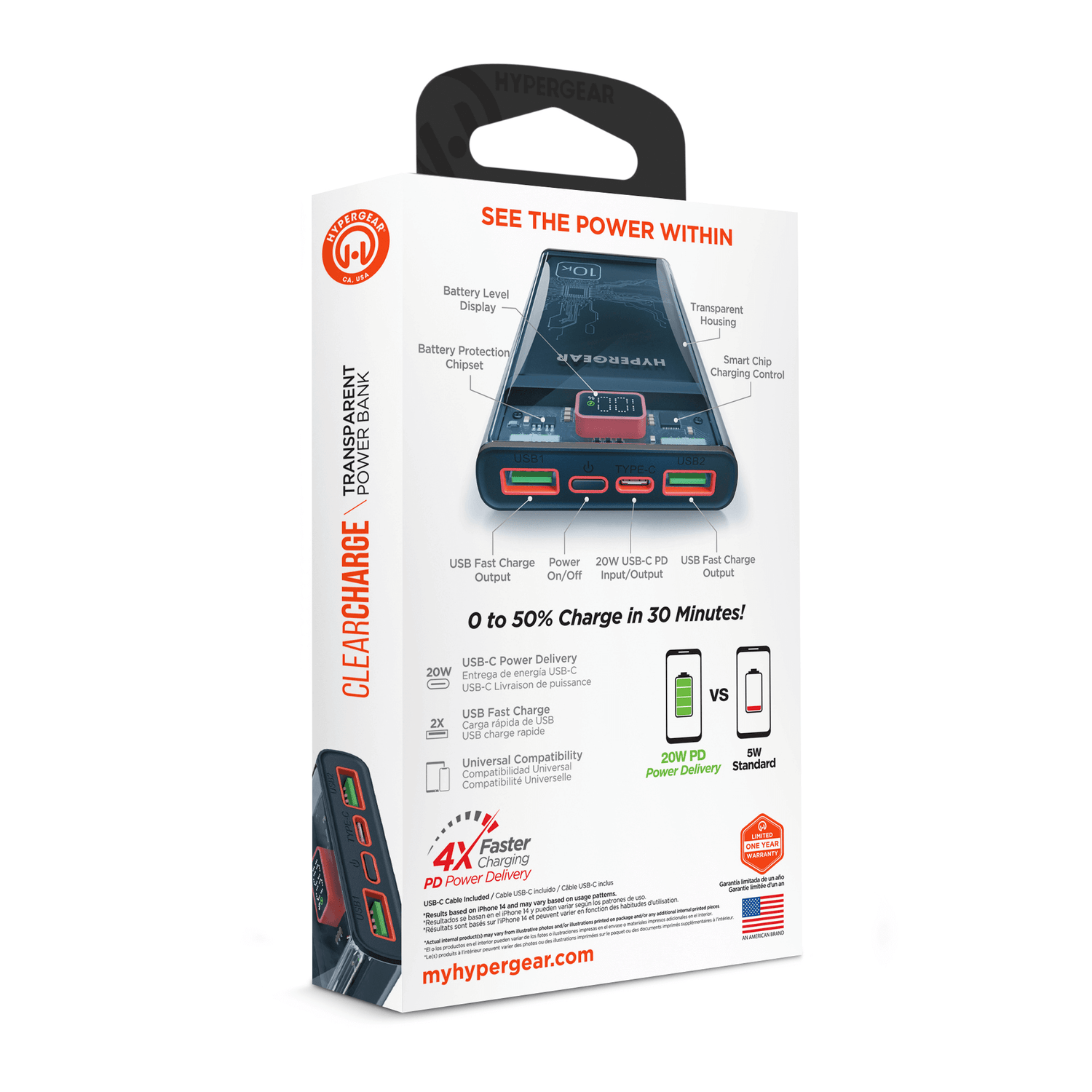 HyperGear ClearCharge 10000mAh Transparent PD Power Bank Jupiter Gear Home