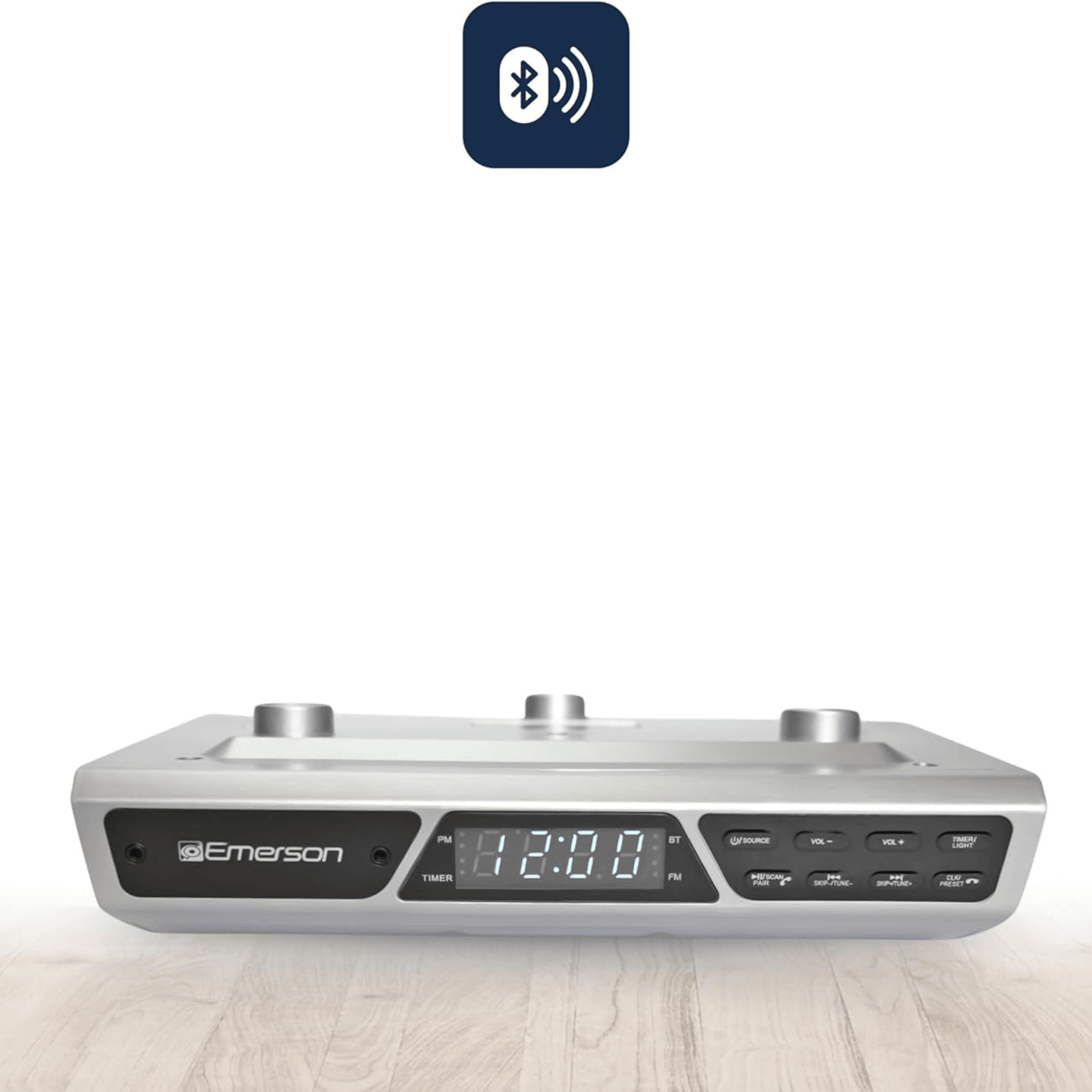 Emerson Under Cabinet FM Radio w Bluetooth, Station Memory and Clock with Timer Jupiter Gear Home
