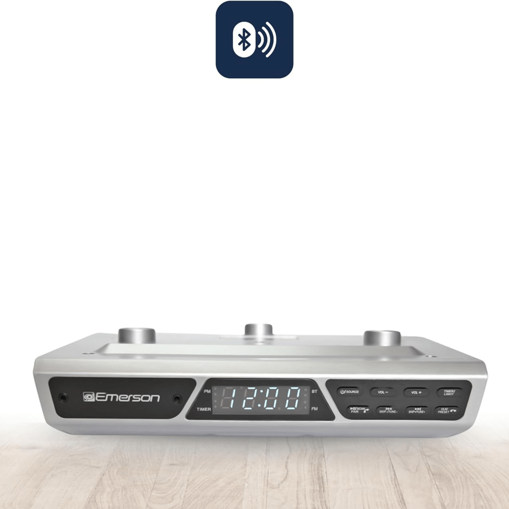 Emerson Under Cabinet FM Radio w Bluetooth, Station Memory and Clock with Timer Jupiter Gear Home
