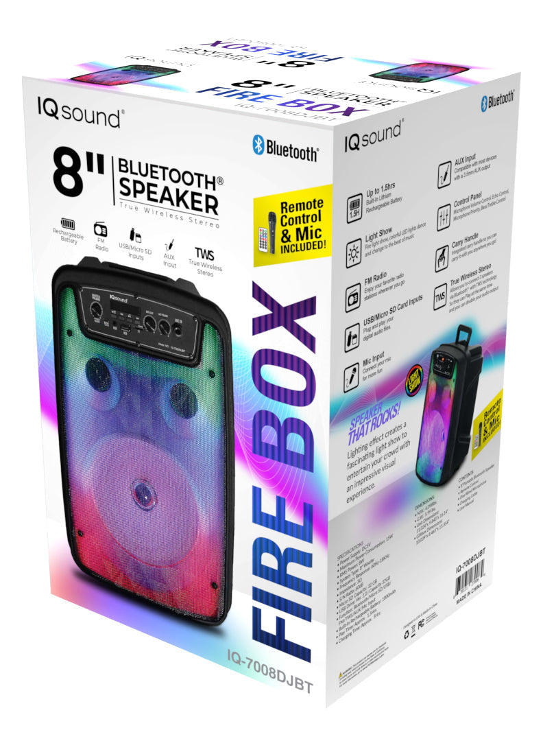 Supersonic 8" Bluetooth Speaker FIRE BOX with TWS &amp; LED Color Lights to Beat (IQ-7008DJBT) Jupiter Gear Home