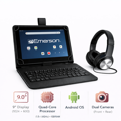 Emerson 9” Quad Core Tablet with Android 14 Black - Refurbished Jupiter Gear Home