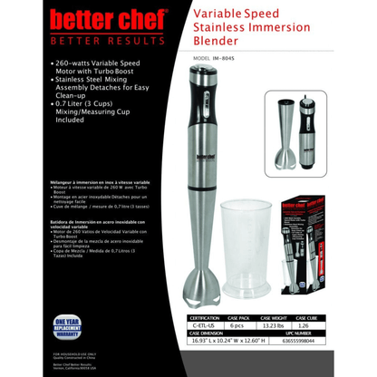 Better Chef 260W Variable Speed Stainless Steel Immersion Blender with Cup Jupiter Gear Home