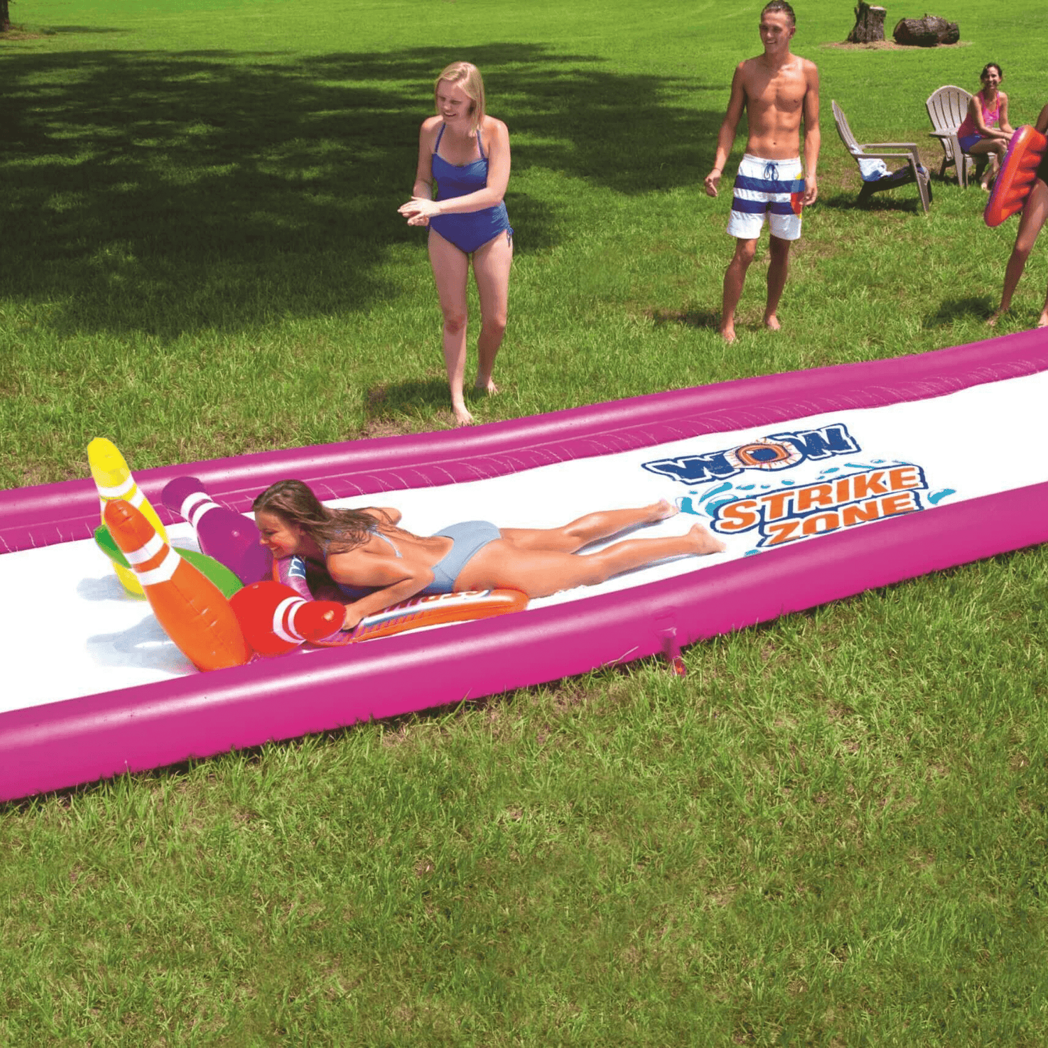 WOW Watersports Strike Zone Water Slide w 6 Giant Inflatable Bowling Pins and Sprinkler Jupiter Gear Home