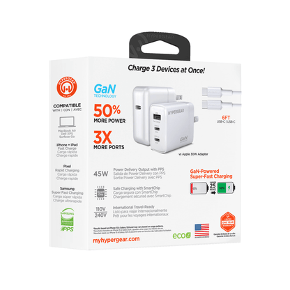 HyperGear SpeedBoost 45W USB-C PD Tri-Port GaN Fast Wall Charger with PPS and 6ft USB-C Cable Jupiter Gear Home