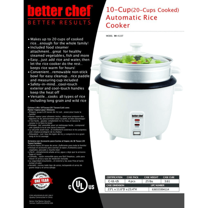 Better Chef 10-Cup - 20-Cup Cooked - Non-Stick Rice Cooker with Steamer Attachment Jupiter Gear Home