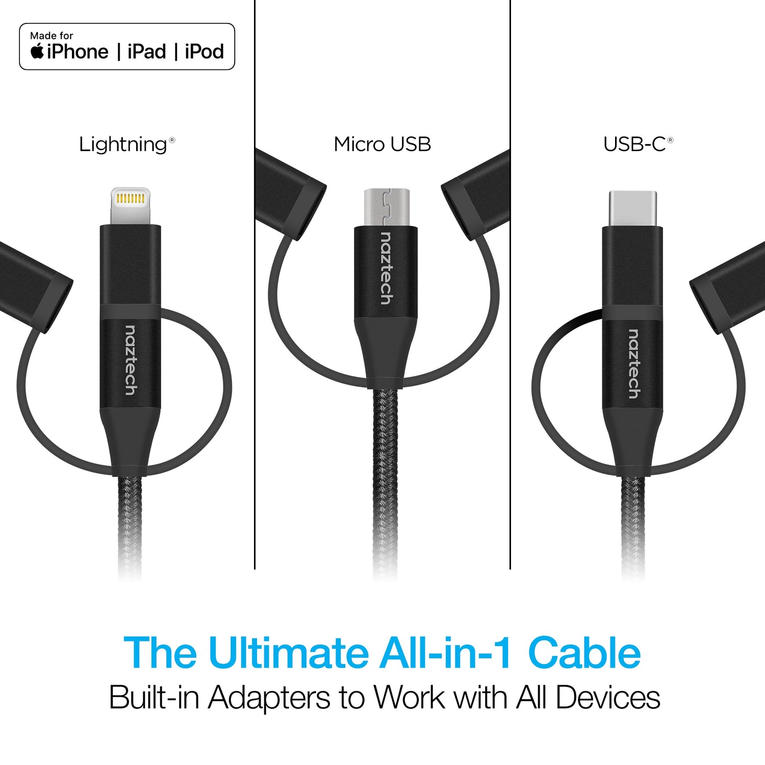 Naztech 3X1 Micro Lightning &amp; USB-C Charge &amp; Sync 6ft Cable Jupiter Gear Home