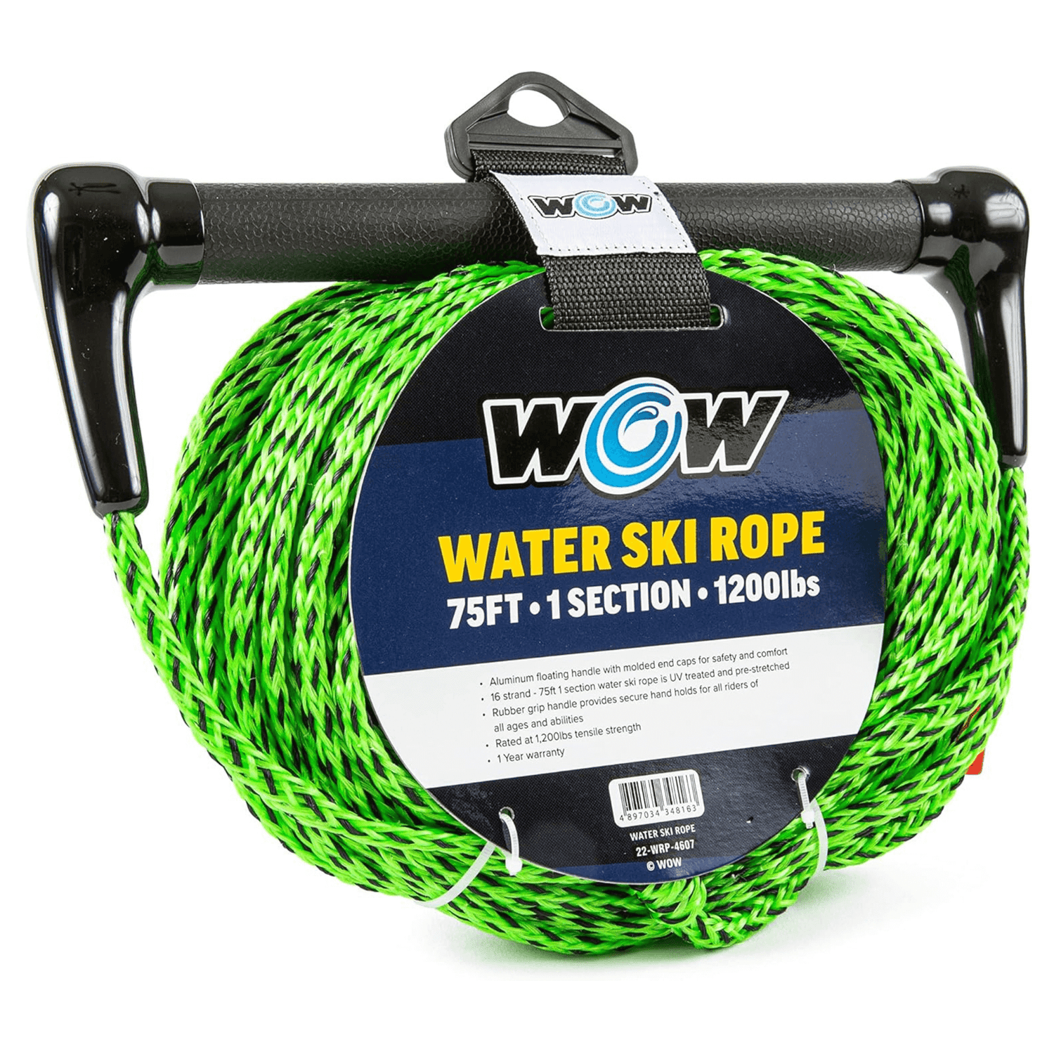 WOW Watersports 75ft 1-Section Tow Rope with Rubber Handle Jupiter Gear Home