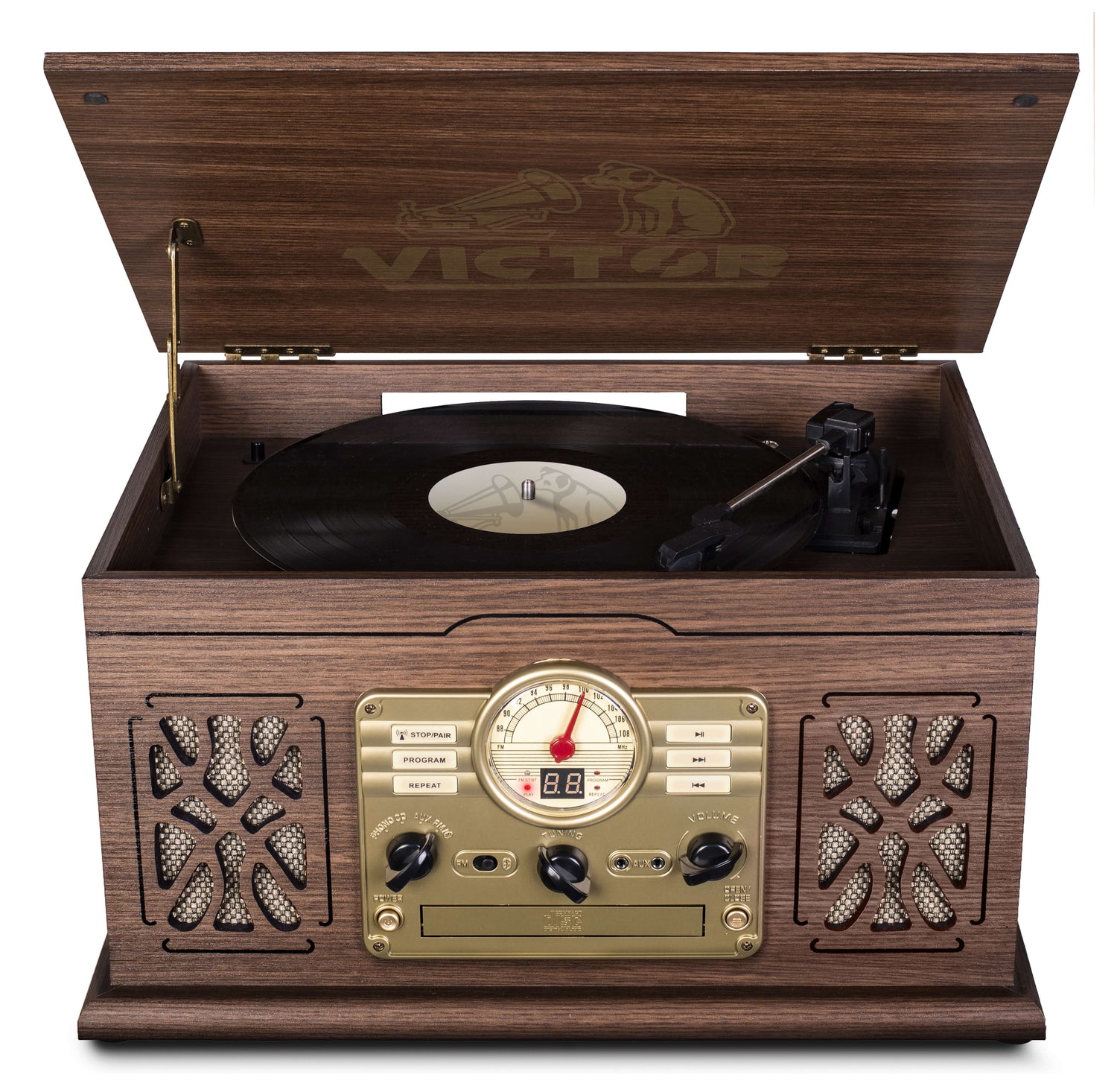 Victor State 7-in-1 Wood Music Center with 3-Speed Turntable and Dual Bluetooth Jupiter Gear Home