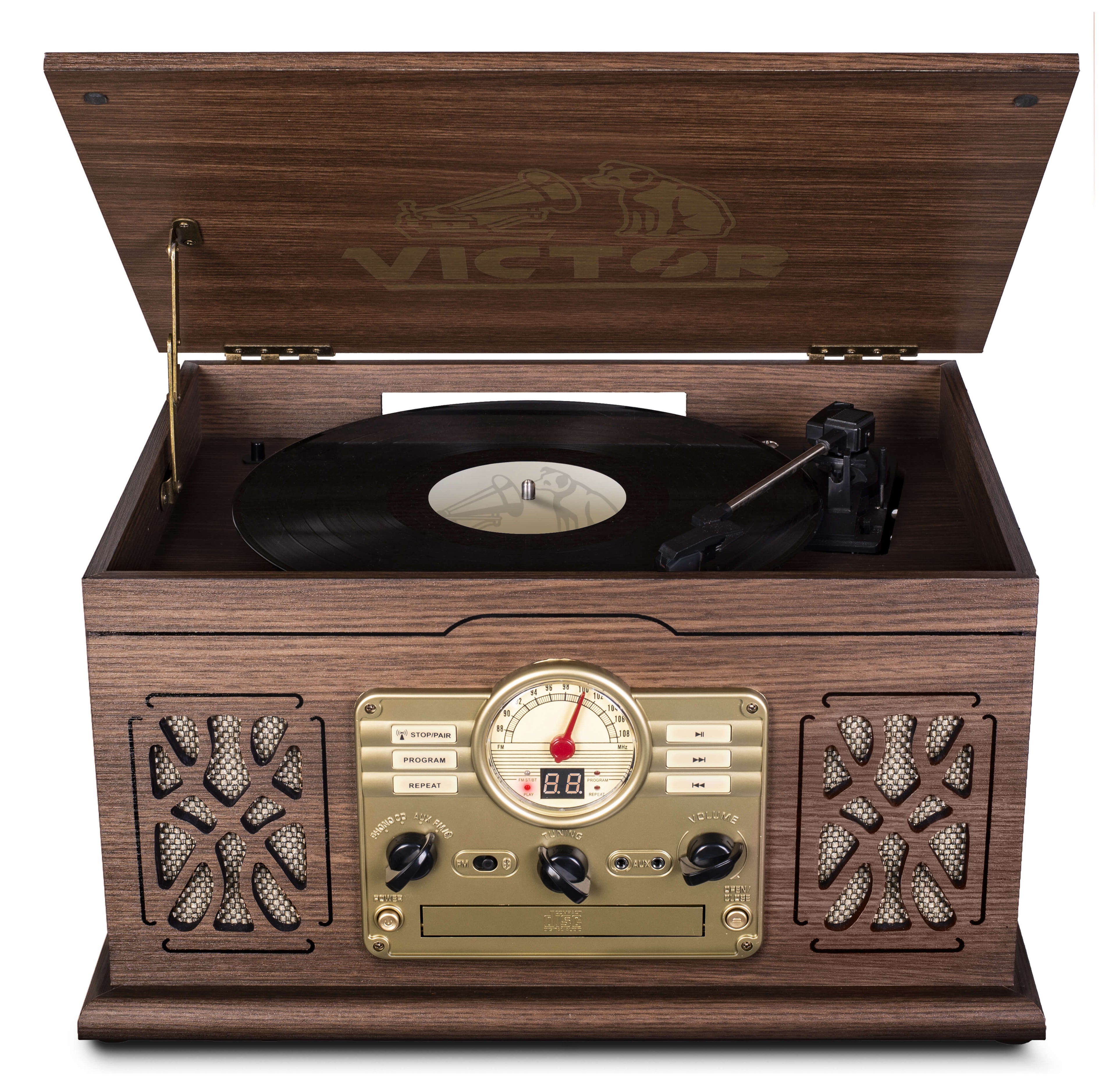 Victor State 7-in-1 Wood Music Center with 3-Speed Turntable and Dual Bluetooth Jupiter Gear Home