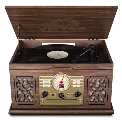 Victor State 7-in-1 Wood Music Center with 3-Speed Turntable and Dual Bluetooth Jupiter Gear Home