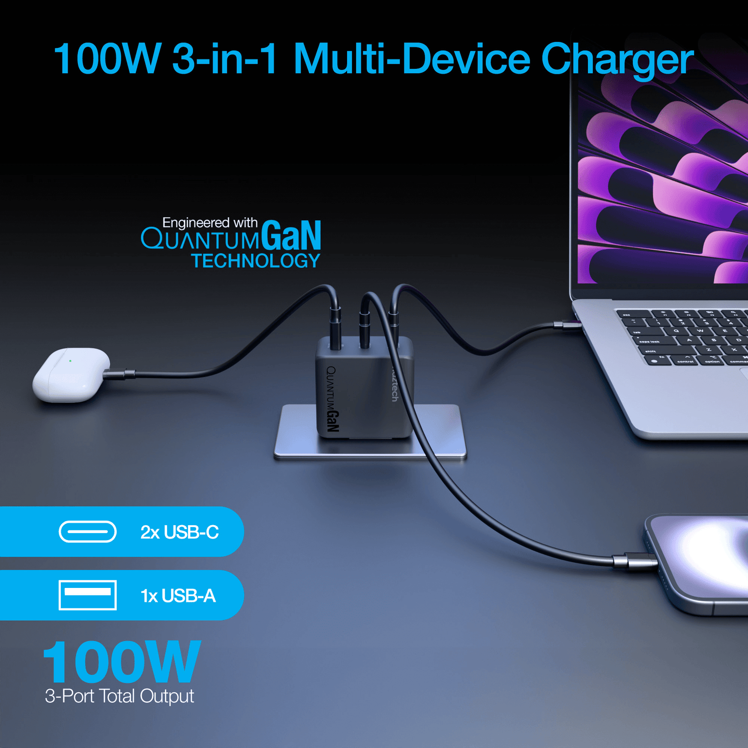 Naztech Nexus T100 100W USB-C PD + USB 3-Port GaN Ultra-Fast Wall Charger with PPS Jupiter Gear Home