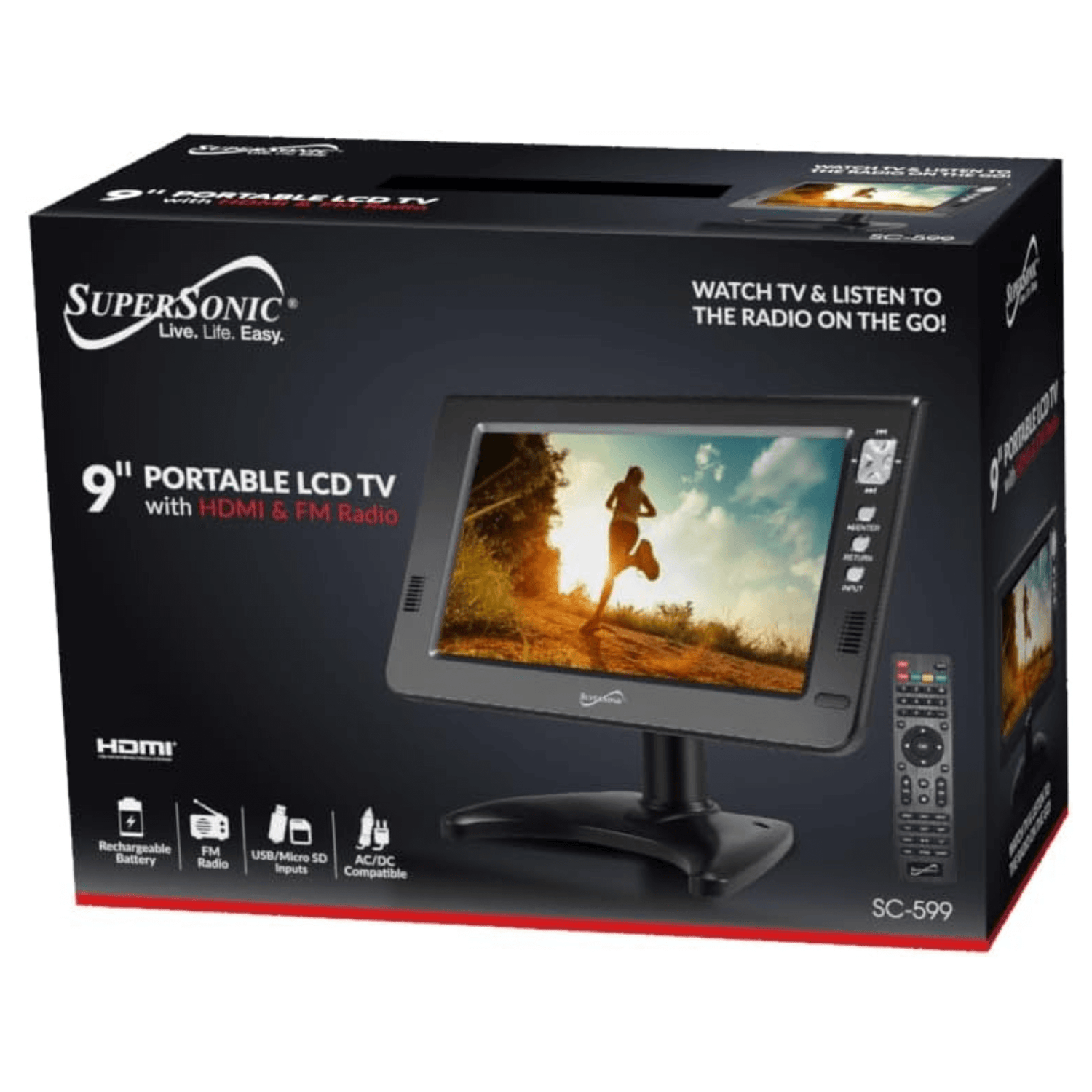 Supersonic Portable 9-inch LCD TV with Built-in Digital Tuner Rechargeable Battery ACDC Operation for Car Travel Jupiter Gear Home