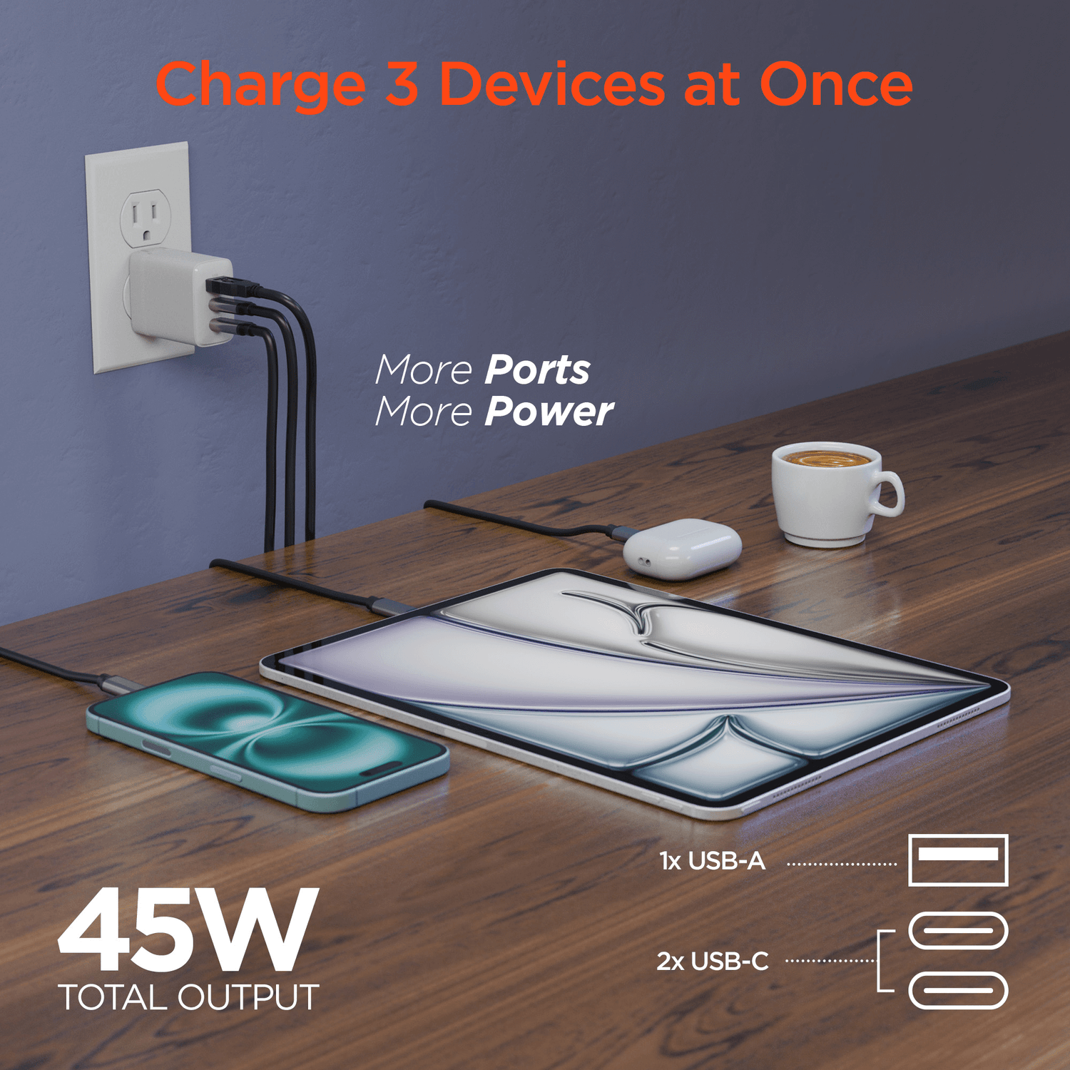 HyperGear 45W USB-C PD PPS Tri-Port GaN Fast Wall Charger Jupiter Gear Home