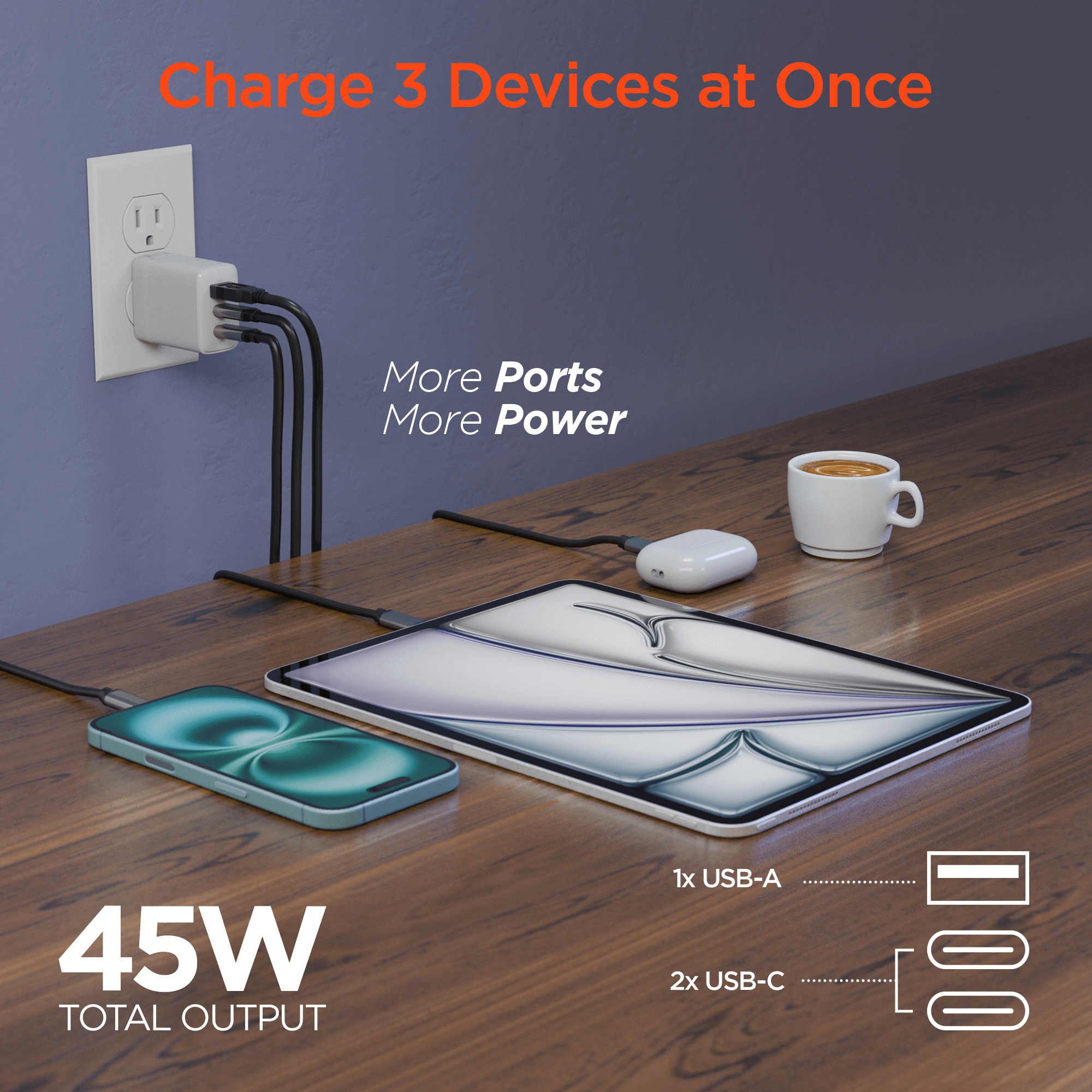HyperGear 45W USB-C PD PPS Tri-Port GaN Fast Wall Charger Jupiter Gear Home