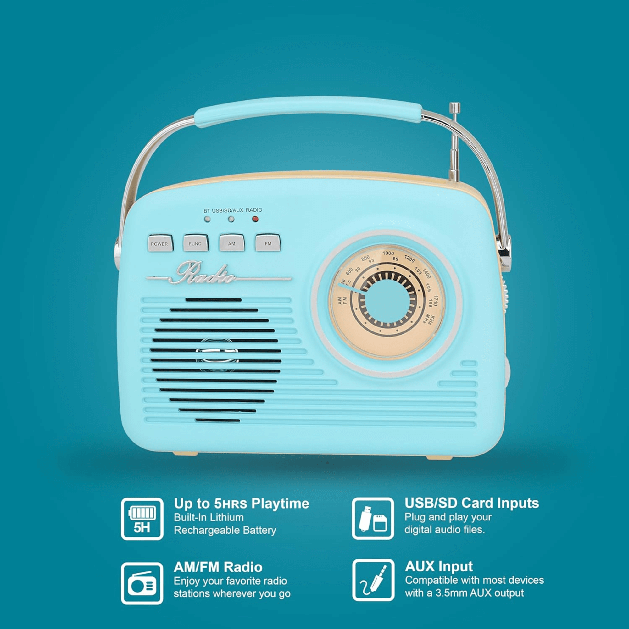Supersonic Multi-Function Bluetooth Retro Speaker with Rechargeable Battery Jupiter Gear Home