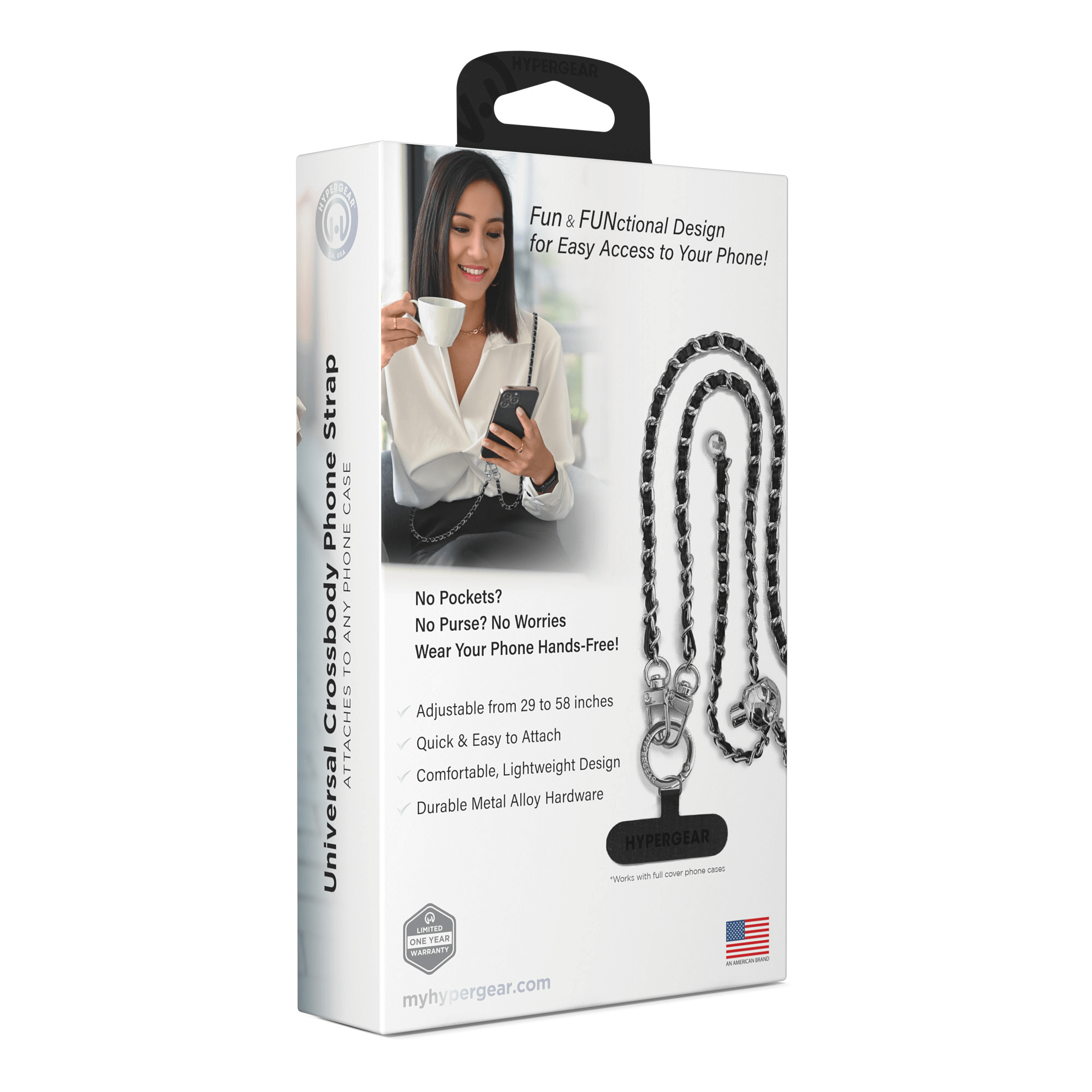 HyperGear TECHcessories Silver Chain with Black Vegan Leather Universal Crossbody Phone Strap Jupiter Gear Home