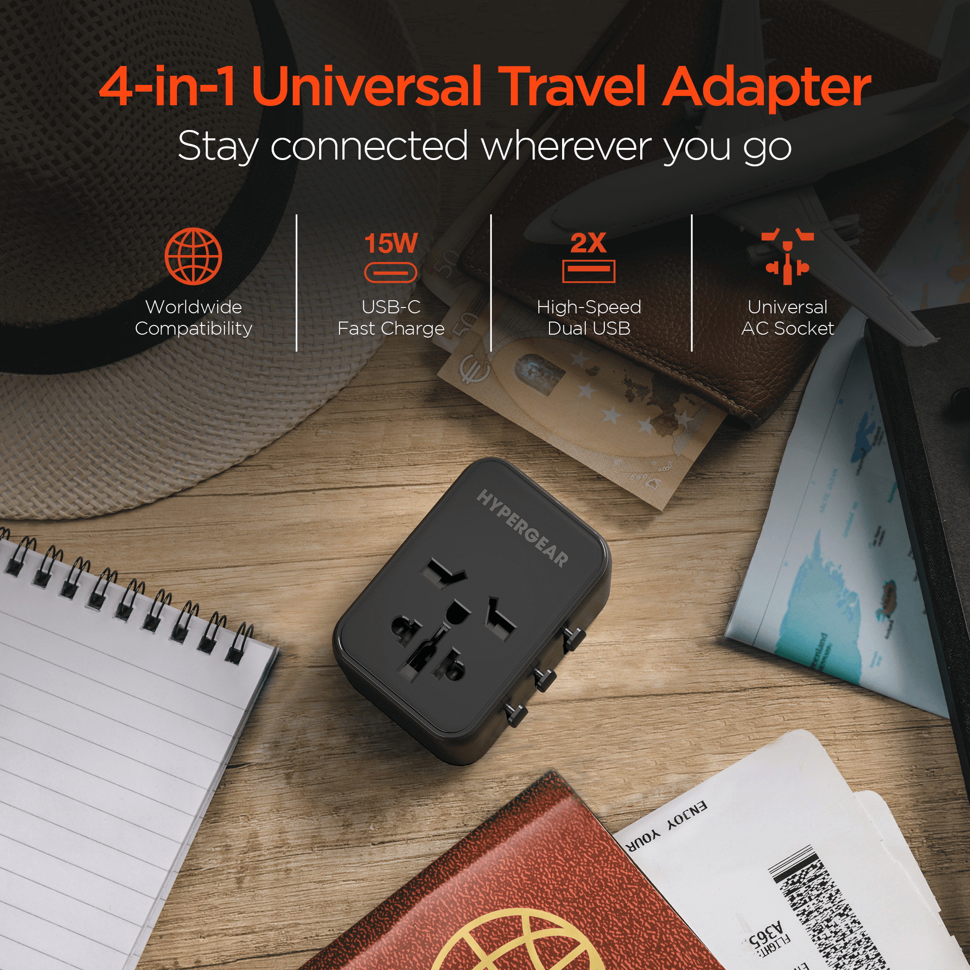HyperGear WorldCharge Universal Travel Adapter with USB-C Jupiter Gear Home